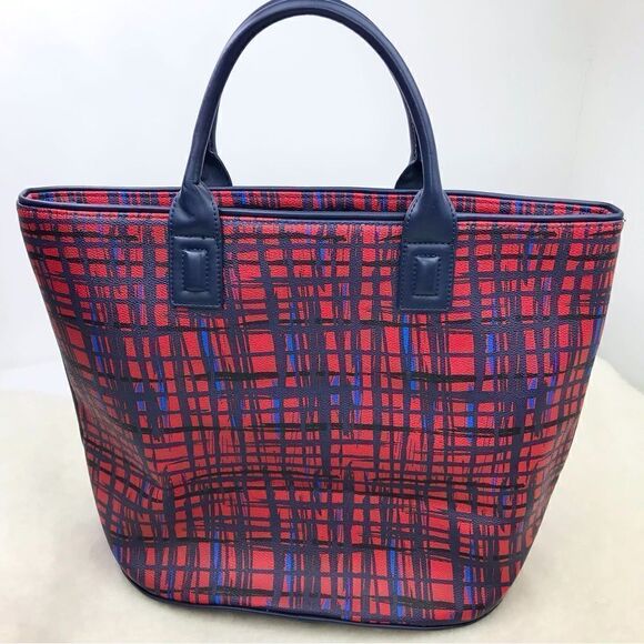 Very Bradley Red Blue Linear Graphic Double Handle Like New Travel Tote - Picture 2 of 16